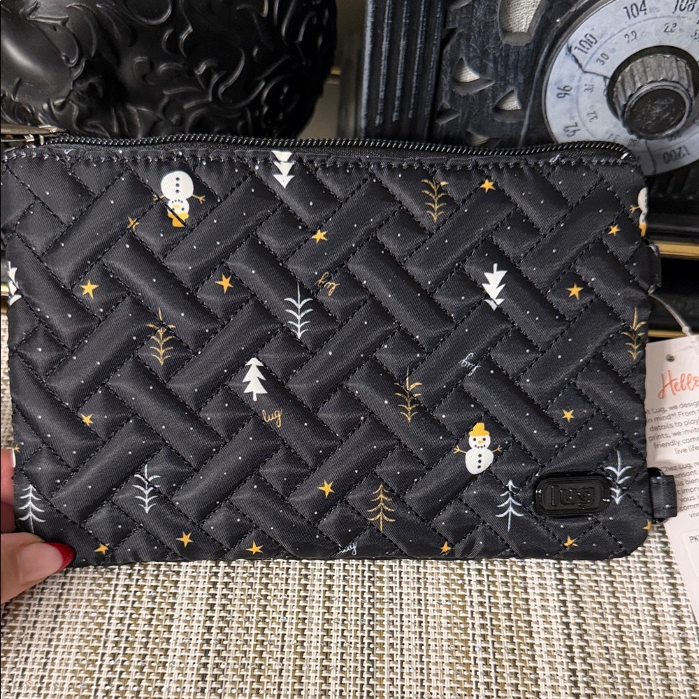 Lug Black Quilted Pouch with Snowman and Star Pattern
